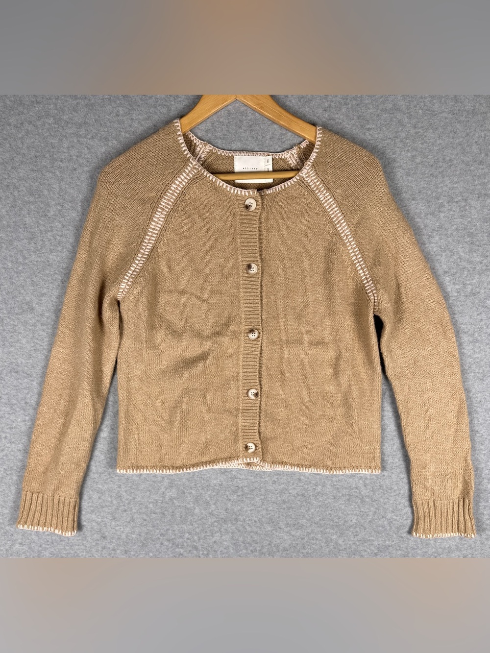 All Row Cardigan Sweater Small Tan Beige Contrast Stitch Button Front Cropped